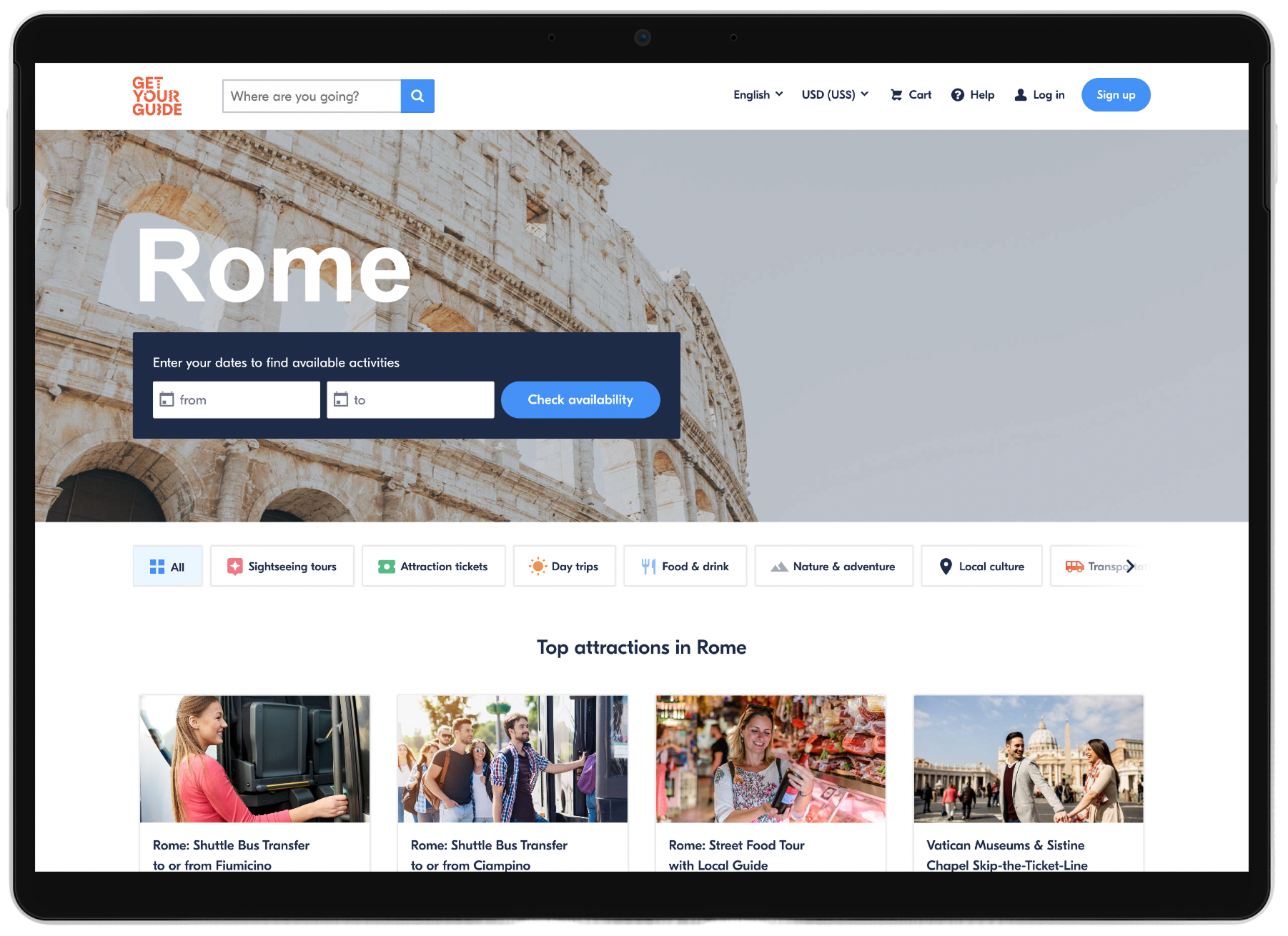 Screenshot of the GetYourGuide city page at the start of the project