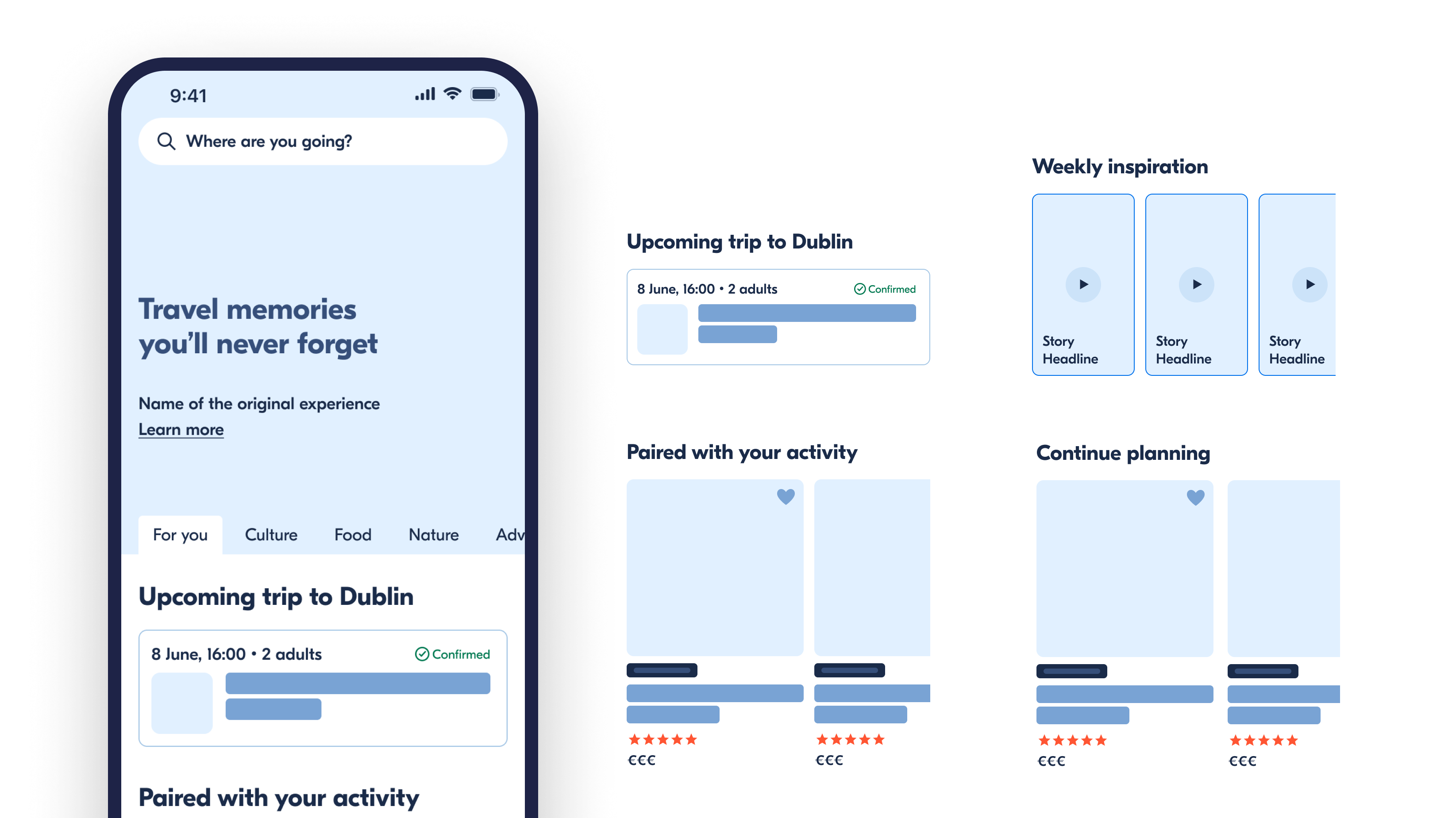 Homepage structure: two phones showing the For you tab with upcoming activity and weekly inspiration