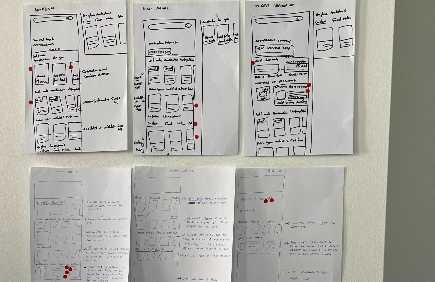 Workshop sketches of homepage variants taped to a wall