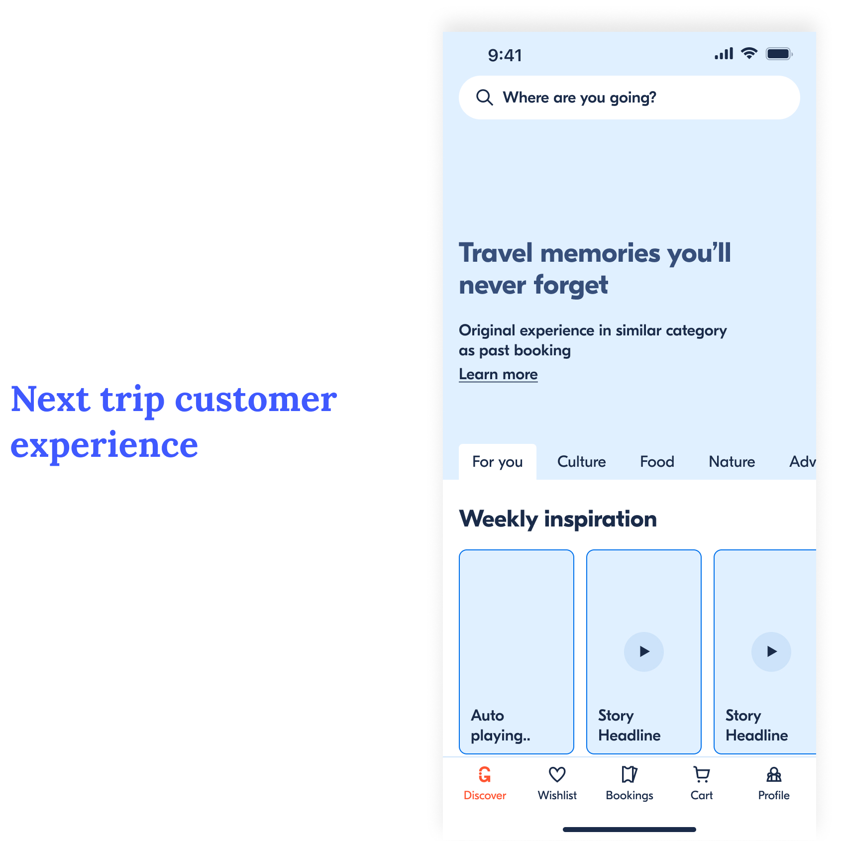NTR wireframe — first phone showing weekly inspiration