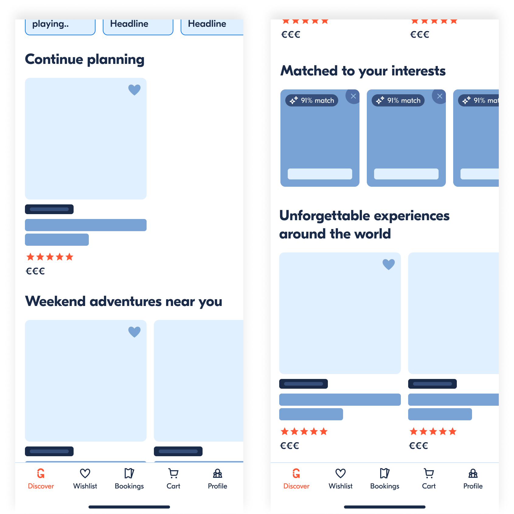 NTR wireframe — second and third phones showing nearby and matched recommendations