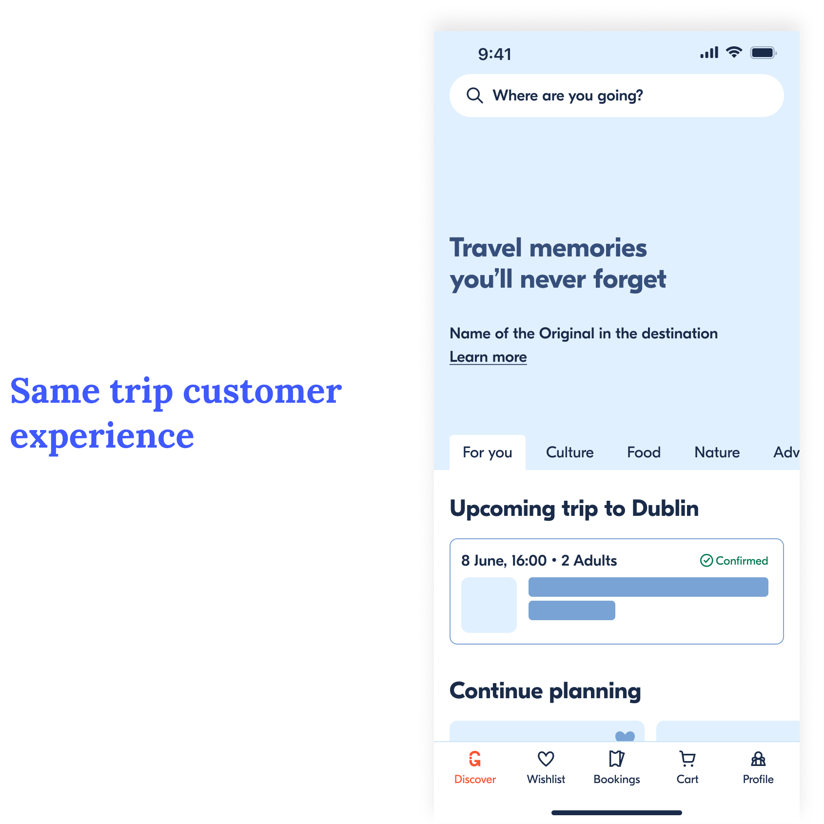 STR wireframe — first phone showing upcoming trip