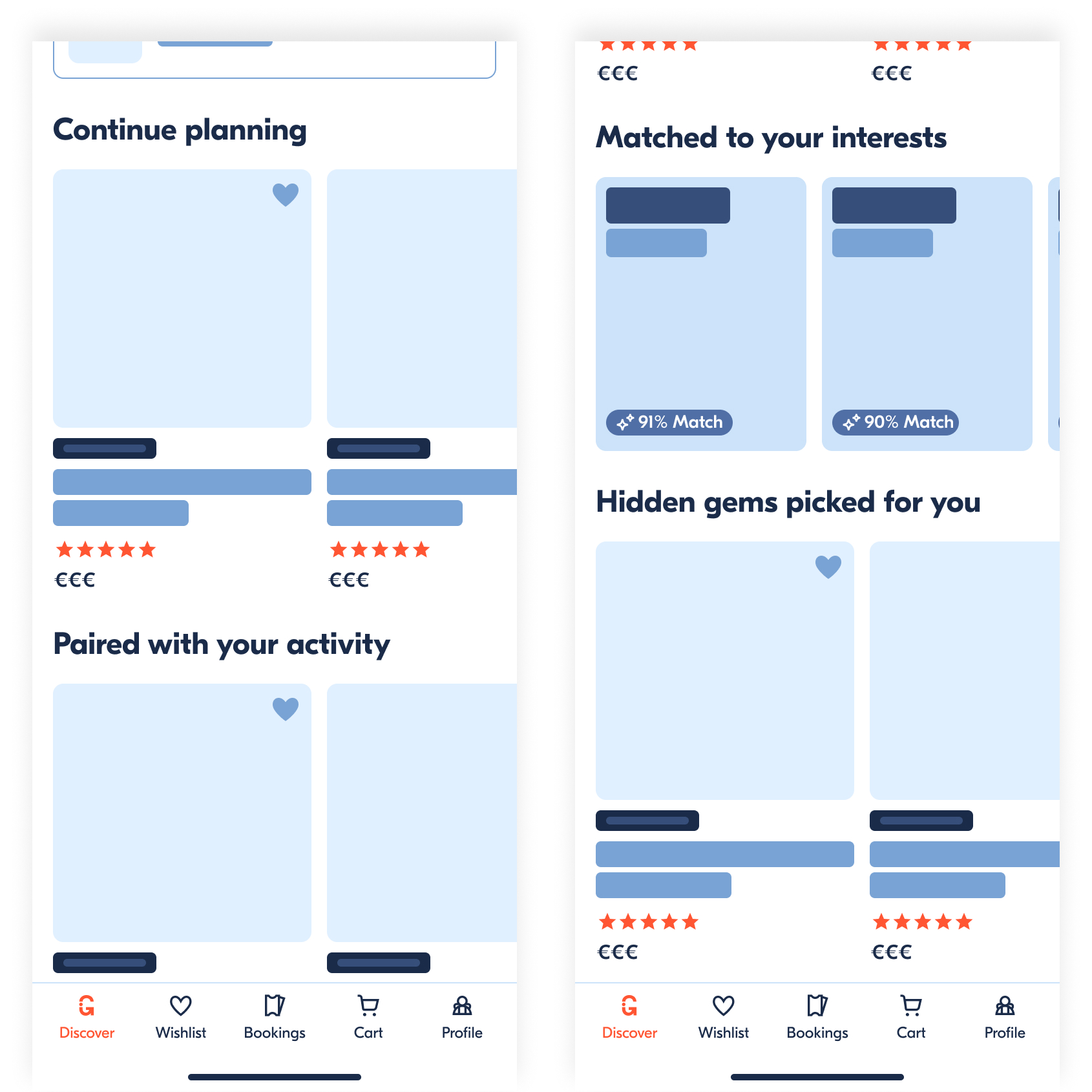 STR wireframe — second and third phones showing recommendations